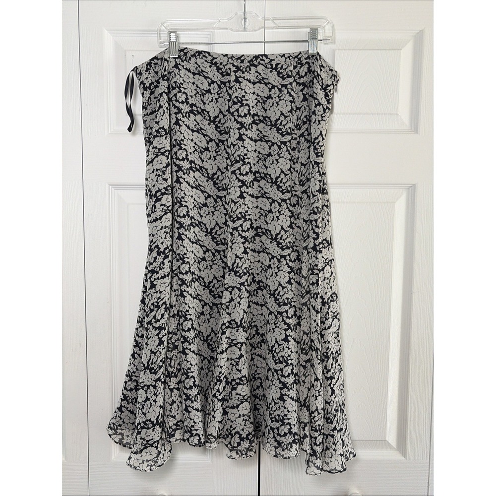 Lauren Ralph Lauren Floral Silk Midi Skirt Womens 14W Blue White A-Line Chiffon